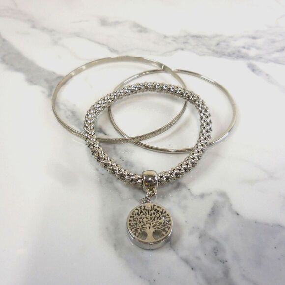3 Silver-toned Stackable Bangles | 7 1/2" | Tree of Life Charm with rhinestones - Picture 2 of 3